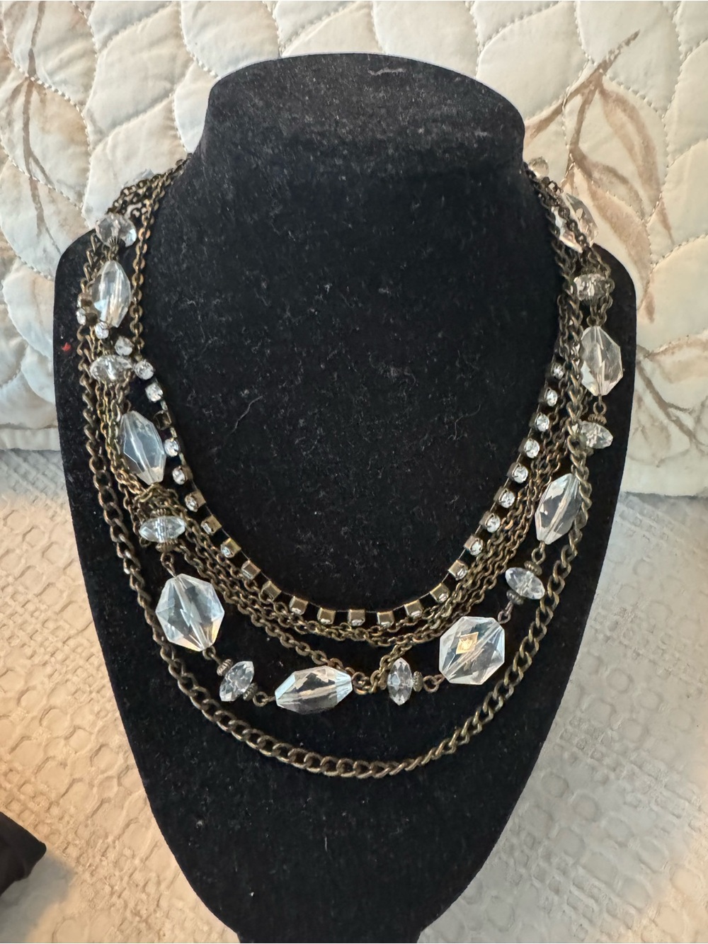 Multi-Strand Crystal Statement Necklace - Clear Crystal & Antiqued bronze